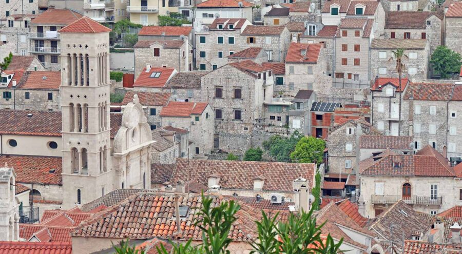 Hvar Old Town, bell tower, church and stone houses