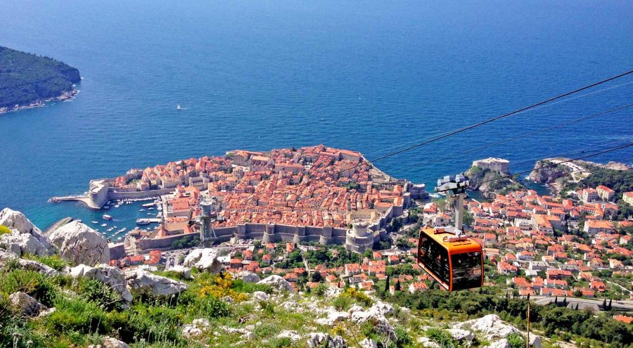 View over Dubrovnik old town, the sea, and the cable car from the restaurant Panorama