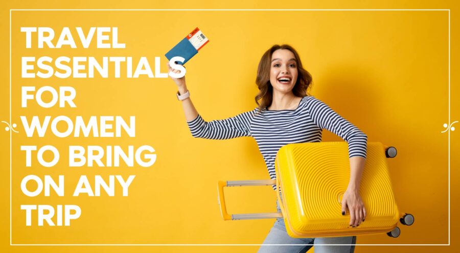 Travel essentials for women, Illustration, woman holding yellow American Tourister carry-on suitcase